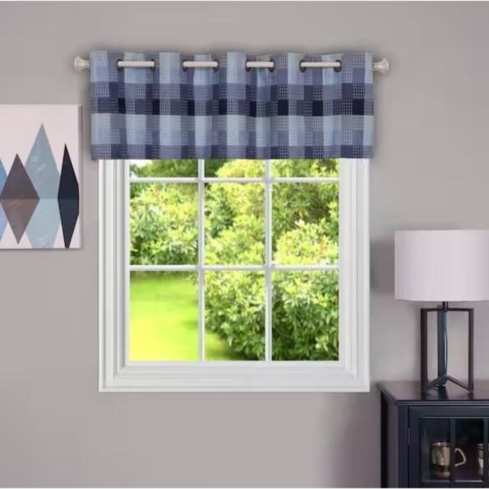 Adoxa 58"x14" Valance Patchwork Style Cotton Blend Grommeted up to 1" Rod Blues
